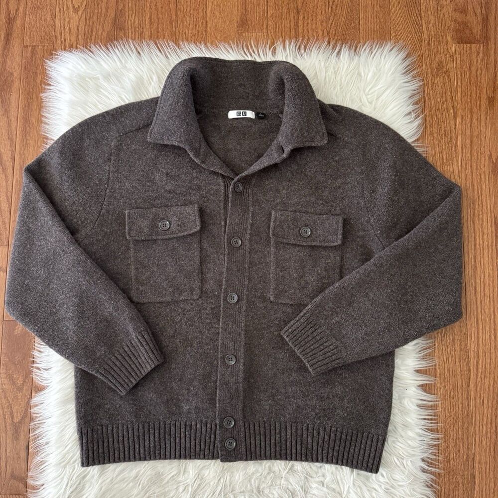 Uniqlo Wool Sweater Men’s Large Brown Knit Cardigan Jacket Preppy Runs Small